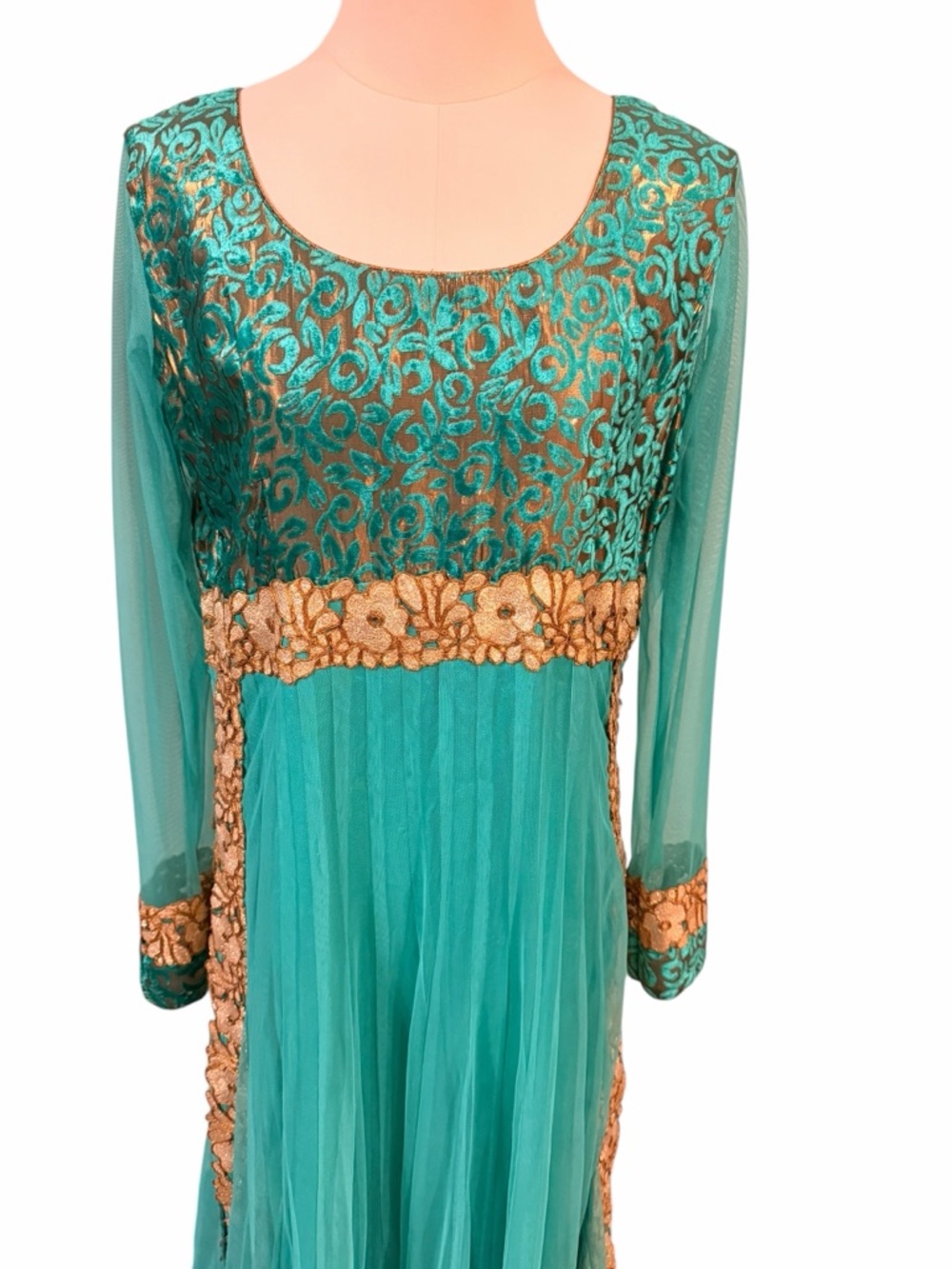 Turquoise Gold Anarkali Maxi Dress Indian Wedding Guest Bollywood Gown Medium - Picture 4 of 16